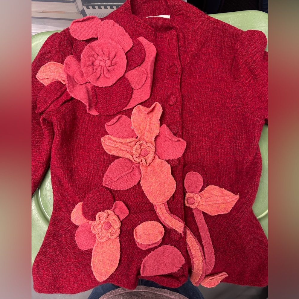 Sleeping on Snow Anthropologie Red Cardigan Sweater with Pink Floral Appliqué M